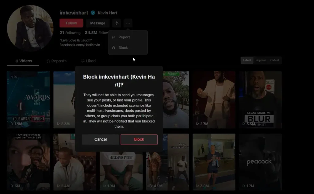 Confirm block on TikTok